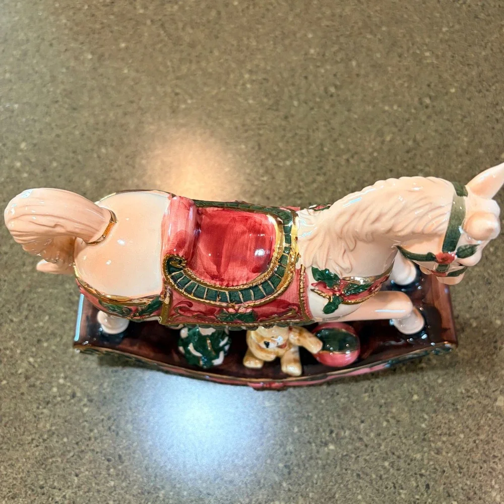 Christmas Rocking Horse Ceramic Figurine‎ Teddy Bear Gifts Gold Accents